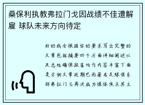 桑保利执教弗拉门戈因战绩不佳遭解雇 球队未来方向待定 桑保利执教弗拉门戈因战绩不佳遭解雇 球队未来方向待定